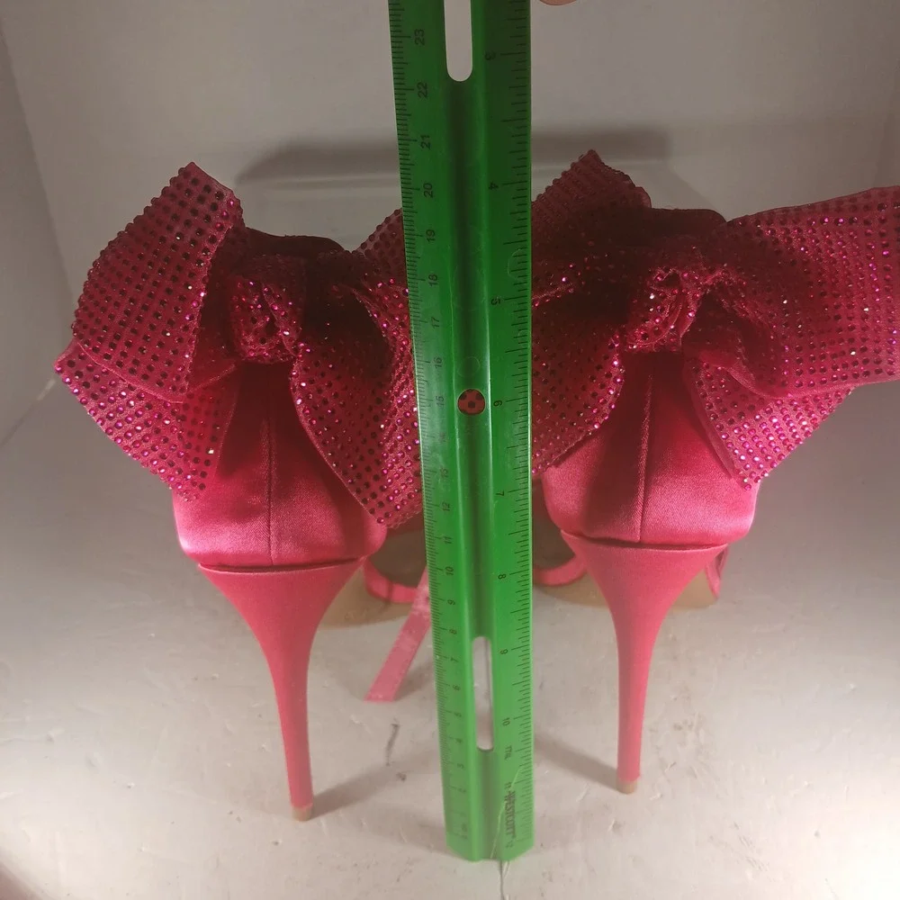 Anne Michelle Stiletto Sandals 8.5 Pink Rhinestone Bow Square Toe Barbiecore